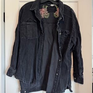 Black Denim Jacket with Floral Embroidery